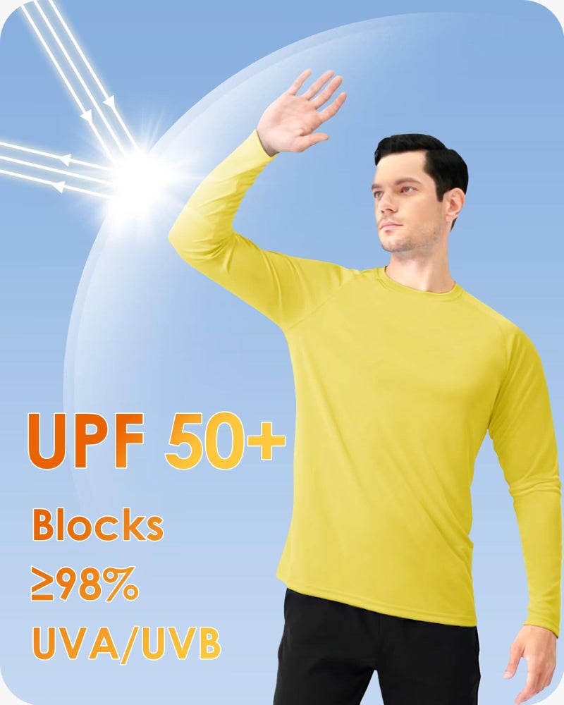 Boladeci Swim Shirts for Men Rash Guard Long Sleeve UPF 50+ UV Protection Sun Block SPF Cool Athletic Gym Tee Shirts for Men Hiking Running (Yellow) - Image 2